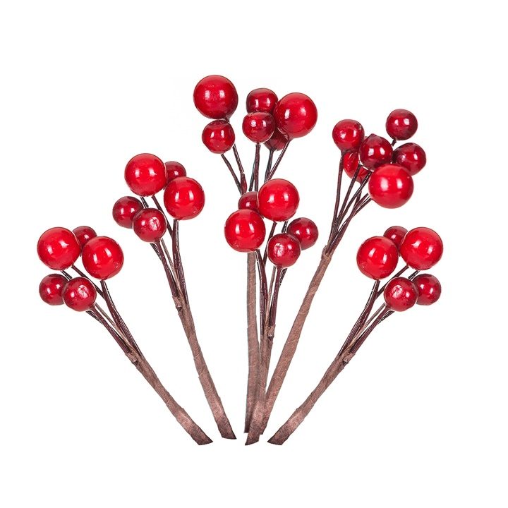 Dekorativna vejica z rdečimi jagodami - 6 kosov