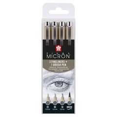 Komplet tehničnih pisal Sakura Pigma Micron 3 fineliners a brush pen | temno sivi odtenki