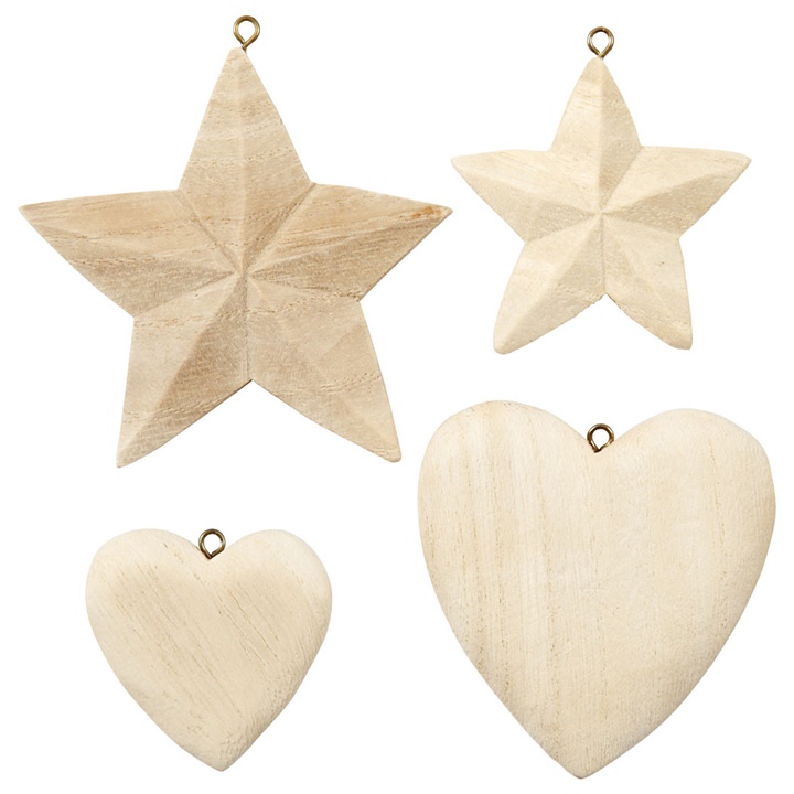 Lesene dekoracije - srca in zvezde - 4 kosi